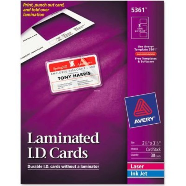 Avery Avery® Laminated Laser/Inkjet ID Cards, 2-1/4" x 3-1/2", White, 30/Box 5361
